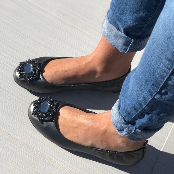 Buckle Shoes - Metallic Pewter Embellished Buckle Ballet Flats